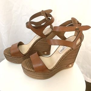 (Jimmy Choo) Brown Leather & Woven Raffia Wedge Noelle Ankle Strap Sandals